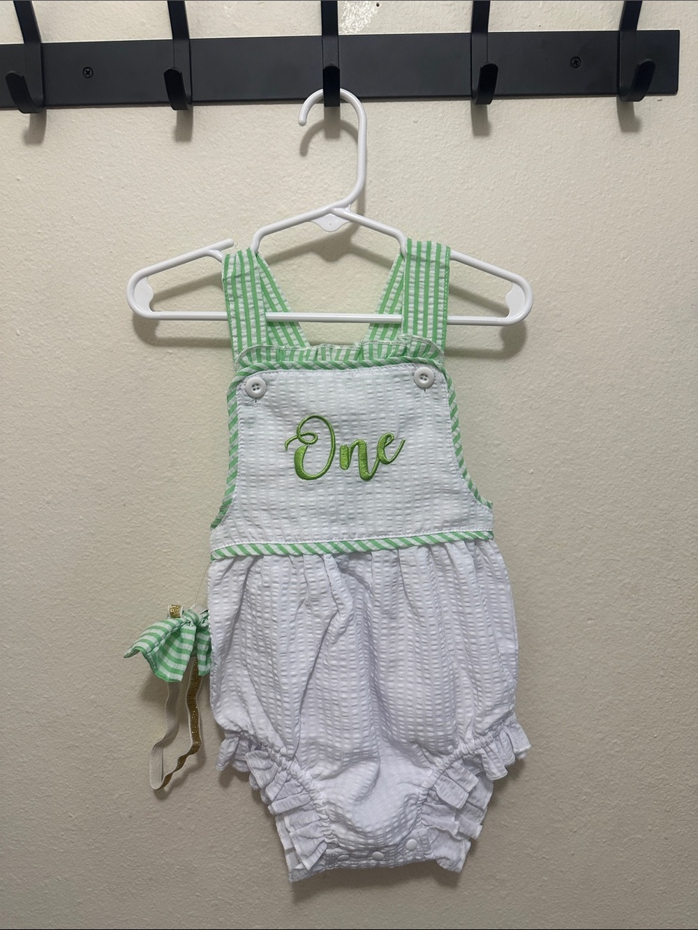 White and Green Seersucker Baby Girls' One-Embroidery Bubble Romper